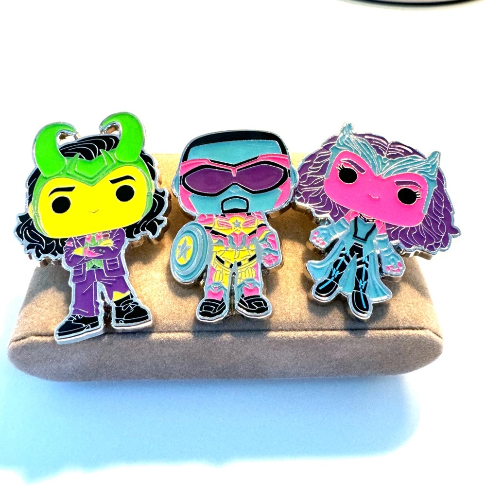 Lot of 3 Disney/Marvel Superhero Neon Pins Loki, Captain America & Wandavision